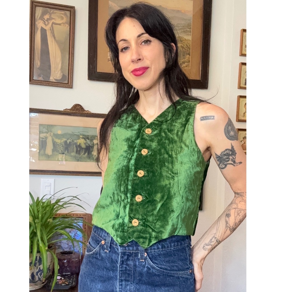 Vintage Emerald Green Crushed Velvet Waistcoat Vest Handmade V-Neck Boho Lined